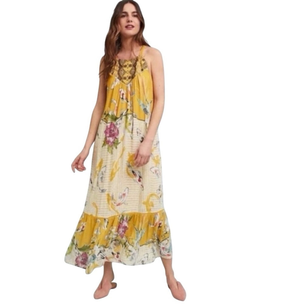 Anthropologie One September Paradiso Koi Fish Embroidered Boho Maxi Dress Sz S
